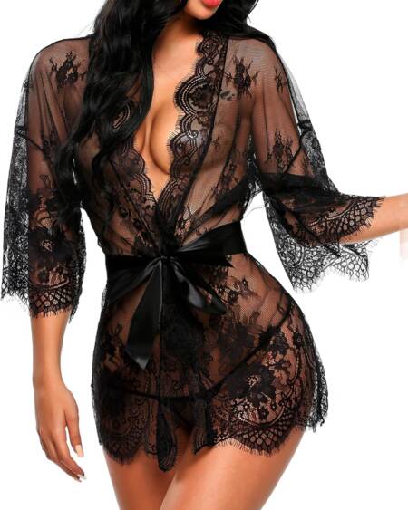 Avidlove Women’s Lace Kimono Robe Babydoll Lingerie Mesh Nightgown S-5XL